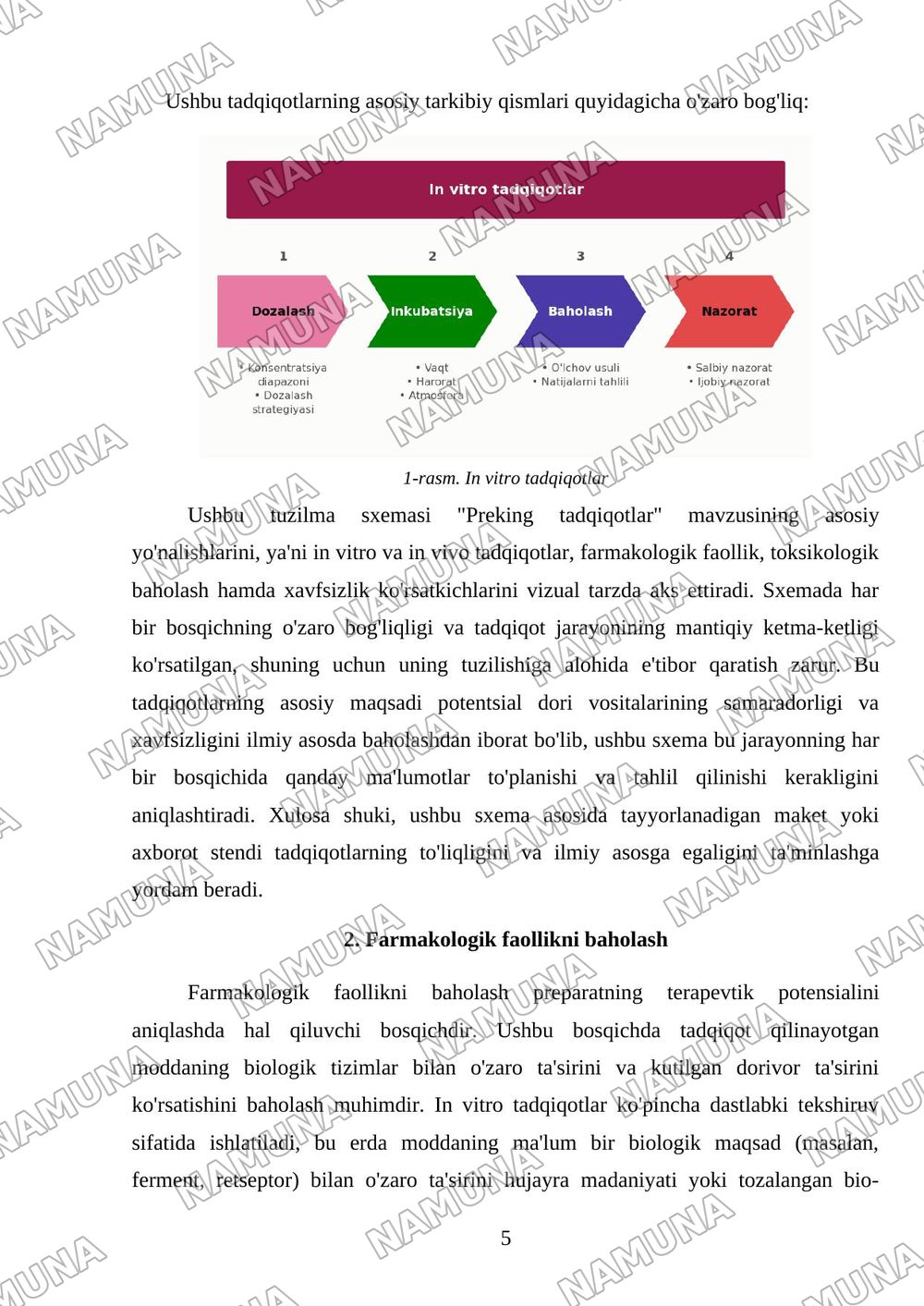 Preking tadqiqotlar: In virto vain vivo tadqiqotlar, farmokologik faollik, toksikologik baholash hamda hafsizlik korsatkichlarini oz ichiga olgan sxematik maket yoki axborot stendi tayyorlash — mustaqil ish, 5-varaq