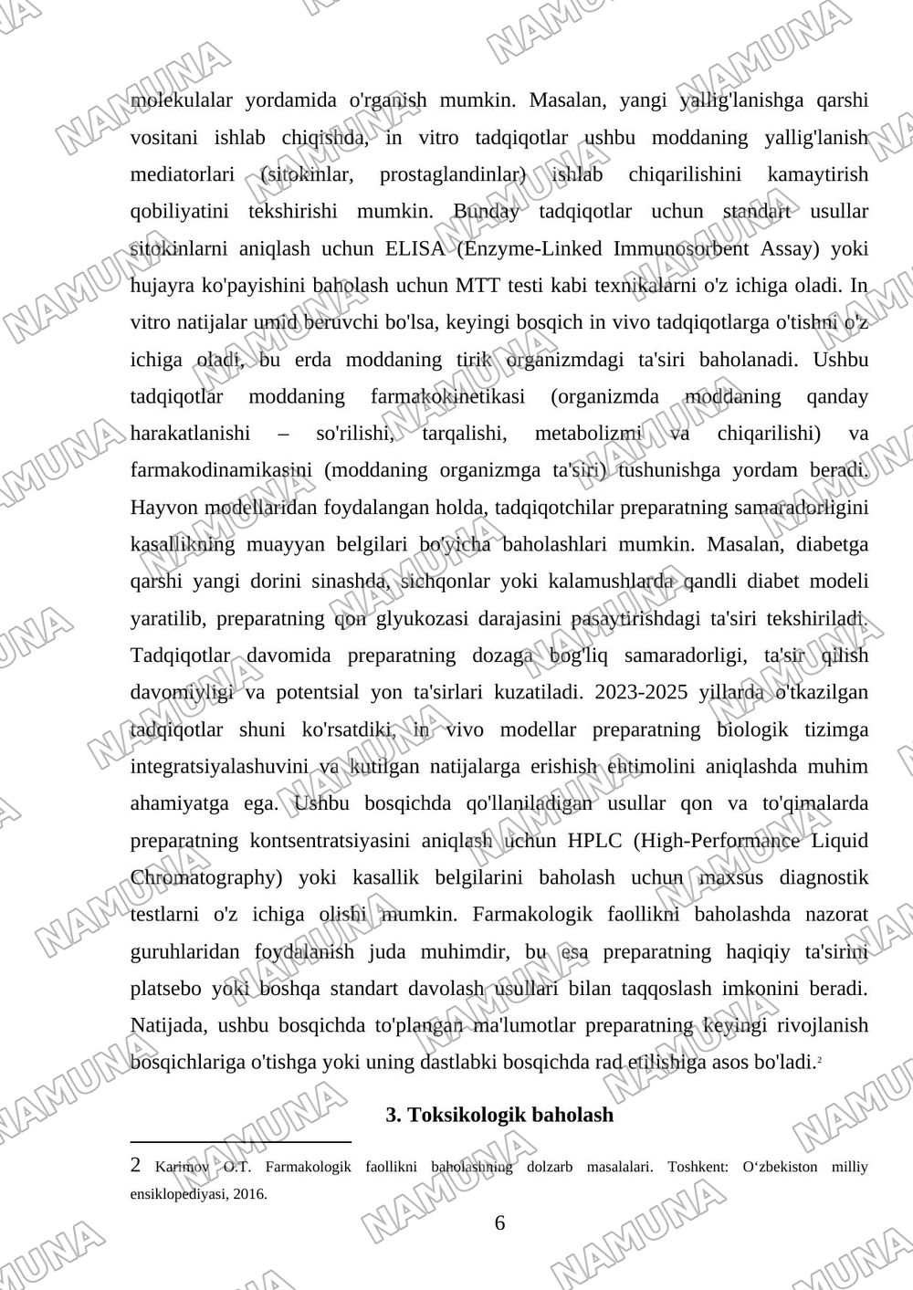 Preking tadqiqotlar: In virto vain vivo tadqiqotlar, farmokologik faollik, toksikologik baholash hamda hafsizlik korsatkichlarini oz ichiga olgan sxematik maket yoki axborot stendi tayyorlash — mustaqil ish, 6-varaq