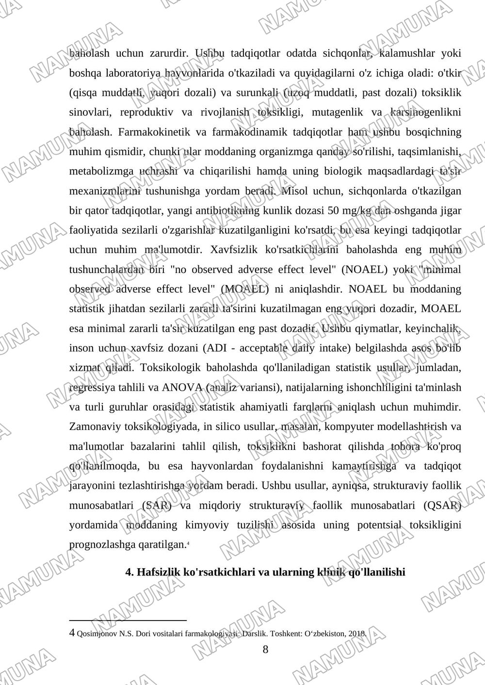 Preking tadqiqotlar: In virto vain vivo tadqiqotlar, farmokologik faollik, toksikologik baholash hamda hafsizlik korsatkichlarini oz ichiga olgan sxematik maket yoki axborot stendi tayyorlash — mustaqil ish, 8-varaq