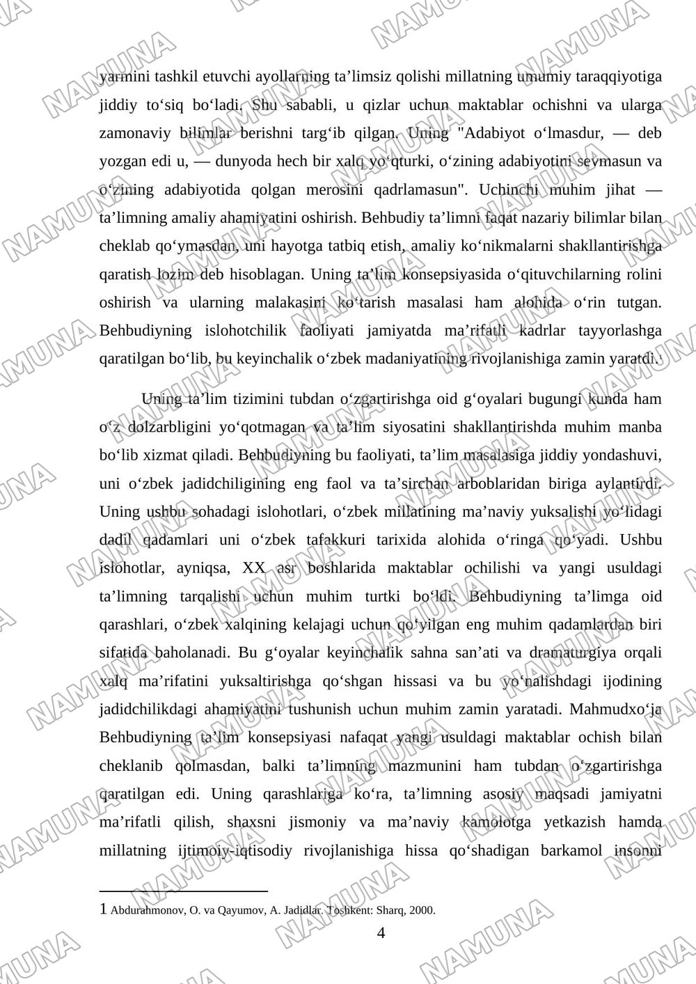 Mahmudxoʻja Behbudiy jadidchilik rivojlanishiga qoʻshgan hissasi — mustaqil ish, 4-varaq