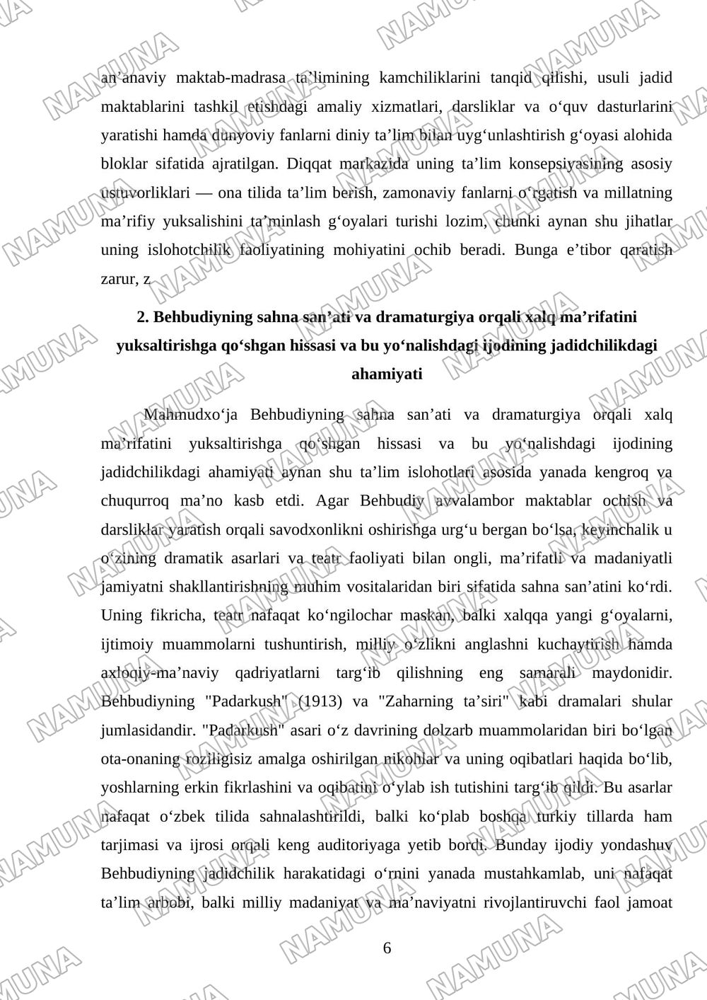 Mahmudxoʻja Behbudiy jadidchilik rivojlanishiga qoʻshgan hissasi — mustaqil ish, 6-varaq