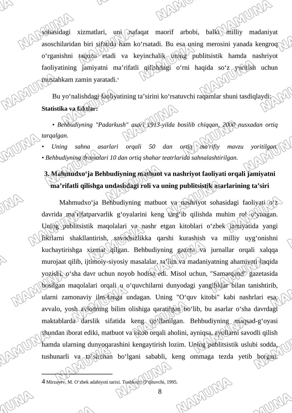 Mahmudxoʻja Behbudiy jadidchilik rivojlanishiga qoʻshgan hissasi — mustaqil ish, 8-varaq