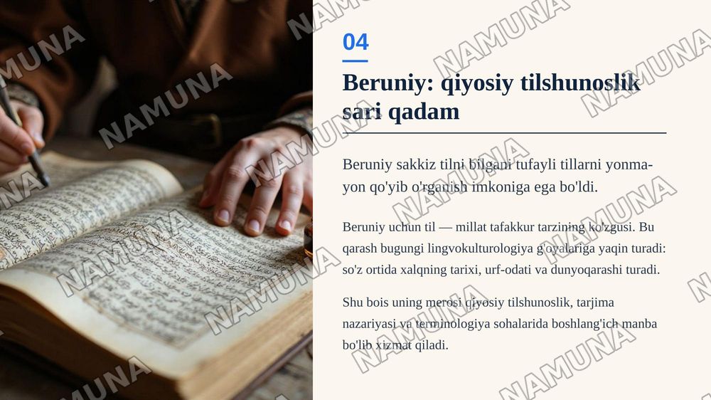 A.N.Forobiy, A.R.Beruniy,IBn Sino, M.Zamaxshariylarning tilshunoslikka qoshgan hissalari. — zamonaviy taqdimot, 5-slayd