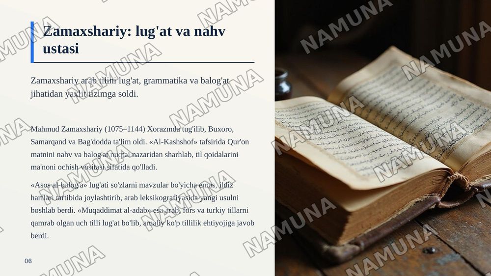 A.N.Forobiy, A.R.Beruniy,IBn Sino, M.Zamaxshariylarning tilshunoslikka qoshgan hissalari. — zamonaviy taqdimot, 7-slayd
