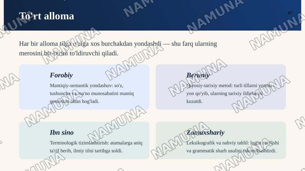 A.N.Forobiy, A.R.Beruniy,IBn Sino, M.Zamaxshariylarning tilshunoslikka qoshgan hissalari. — zamonaviy taqdimot, 8-slayd