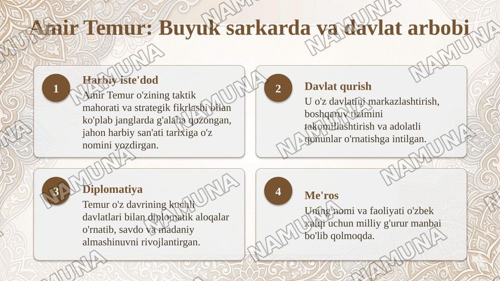 Amir Temur buyuk davlat arbobi va sarkarda.Temuriylar hukumronligi davrida ilm fan va madiniyat taraqqiyoti — taqdimot, 4-slayd