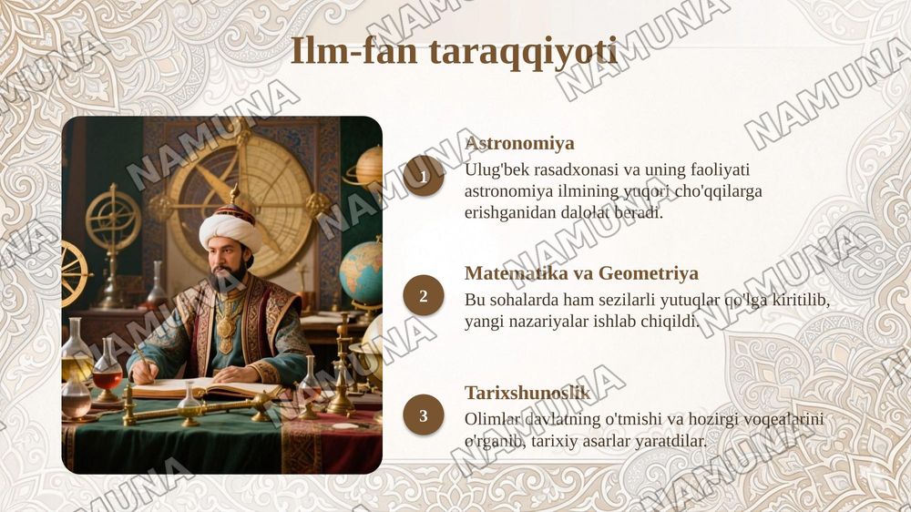 Amir Temur buyuk davlat arbobi va sarkarda.Temuriylar hukumronligi davrida ilm fan va madiniyat taraqqiyoti — taqdimot, 6-slayd
