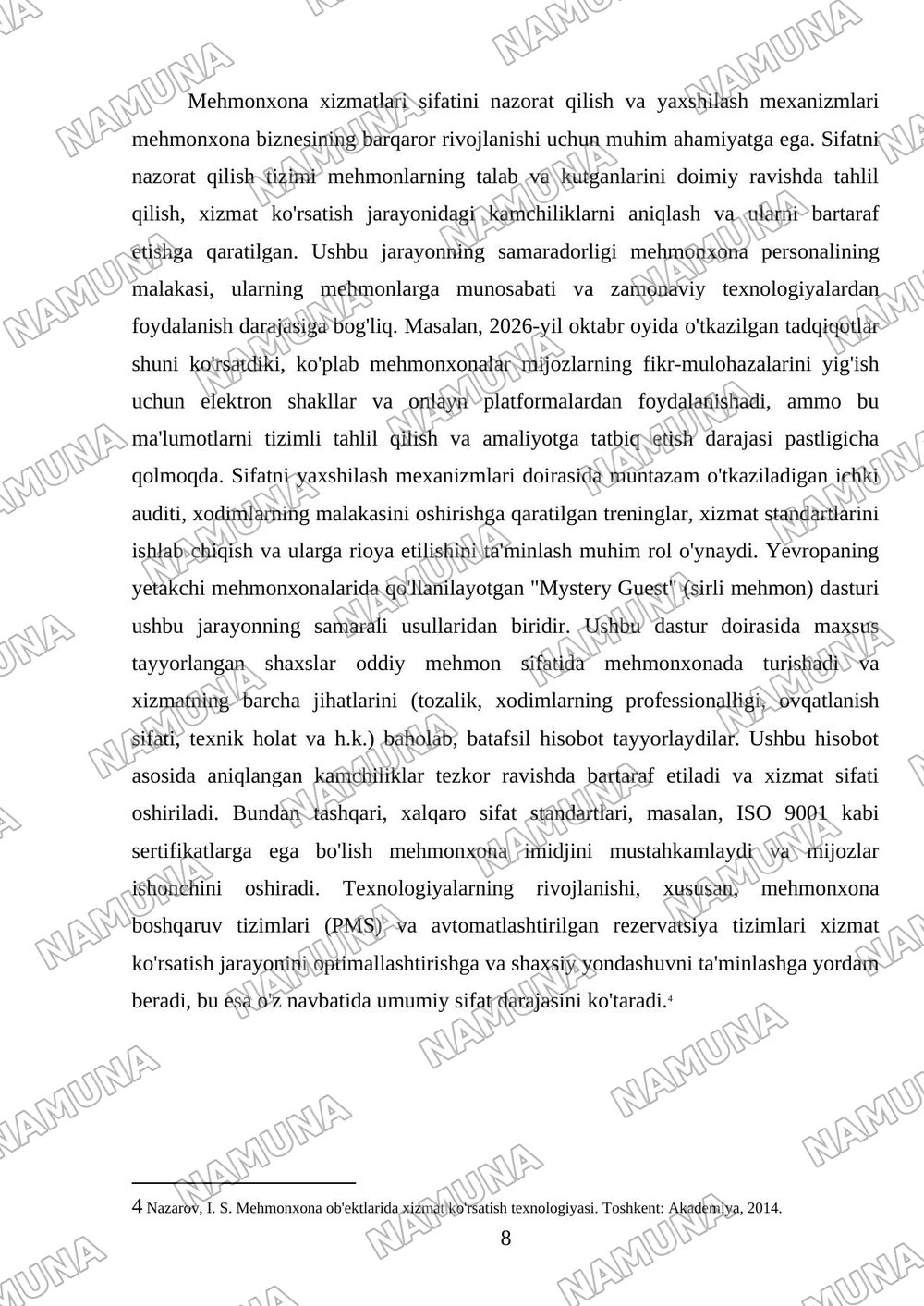 Mehmonxona xizmatlarining turlari va texnologiyasi — mustaqil ish, 8-varaq