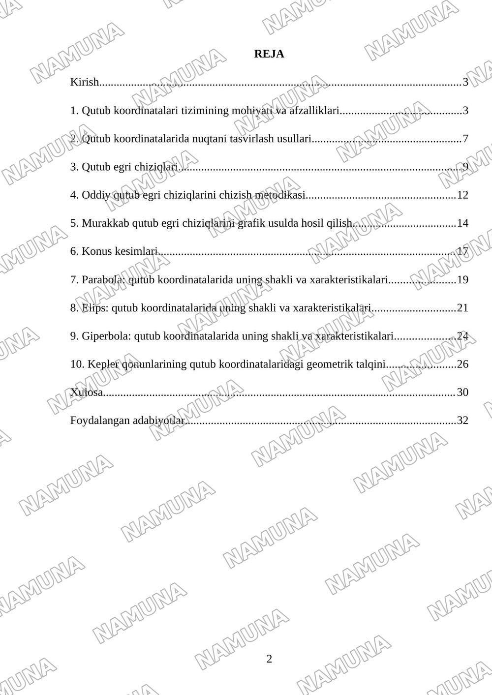 Qutub koordinatalari. Qutub egri chiziqlari. Qutub egri chiziqlarini chizish. Konus kesimlar (parabola, elips, giperbola). Kepler qonunlari. — mustaqil ish, 2-varaq