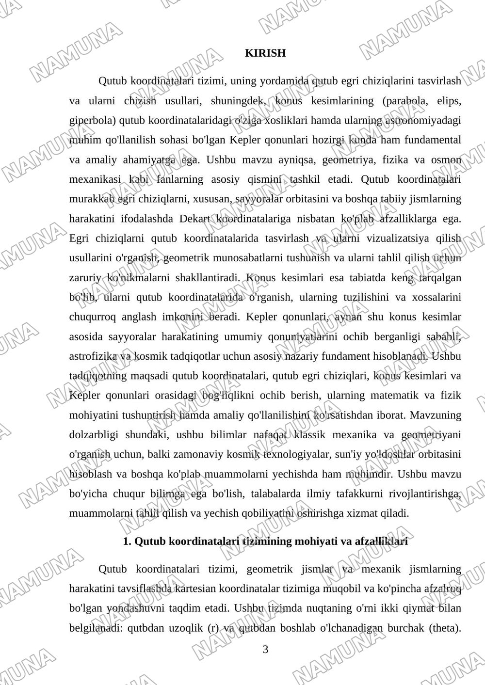 Qutub koordinatalari. Qutub egri chiziqlari. Qutub egri chiziqlarini chizish. Konus kesimlar (parabola, elips, giperbola). Kepler qonunlari. — mustaqil ish, 3-varaq