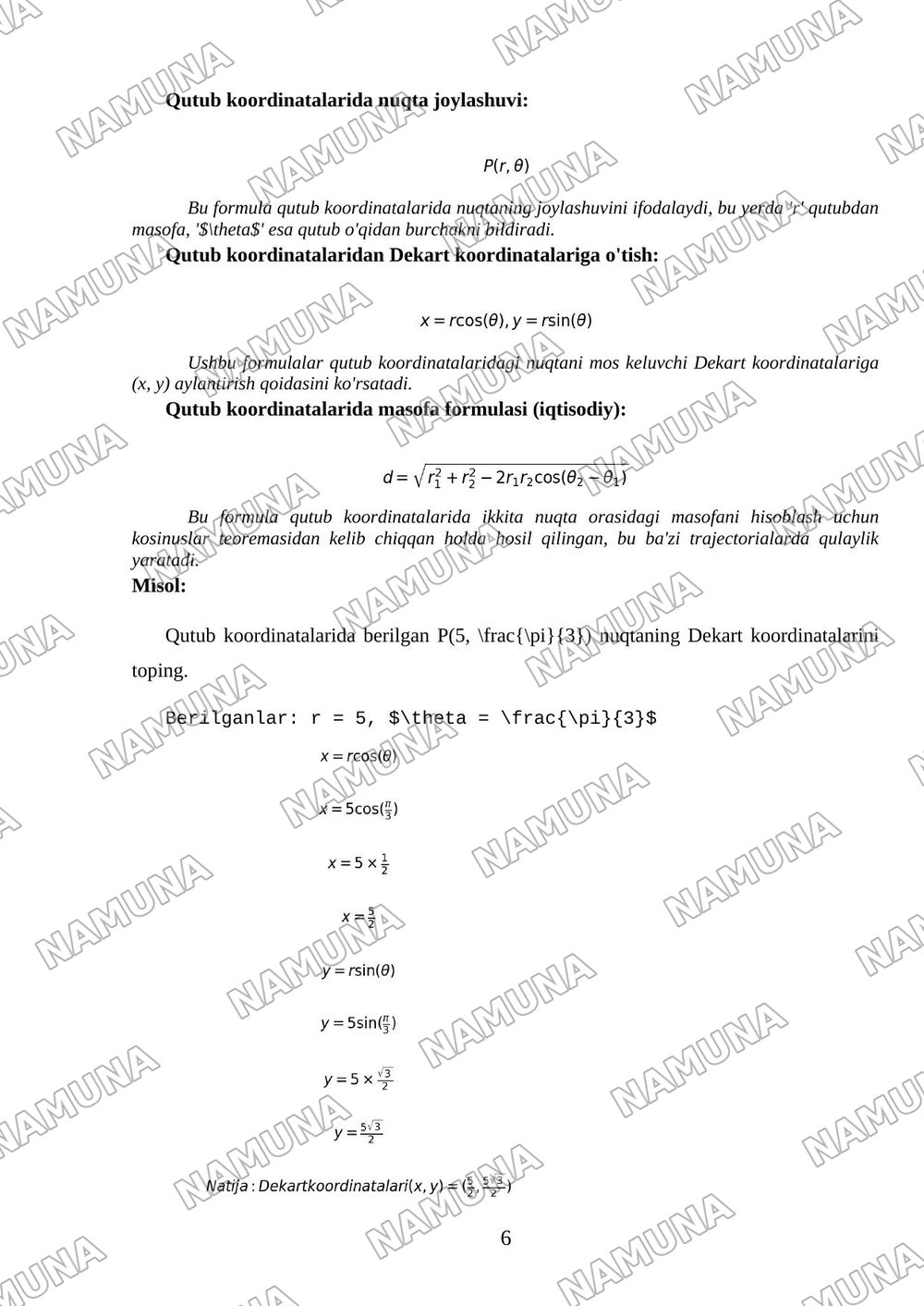 Qutub koordinatalari. Qutub egri chiziqlari. Qutub egri chiziqlarini chizish. Konus kesimlar (parabola, elips, giperbola). Kepler qonunlari. — mustaqil ish, 6-varaq