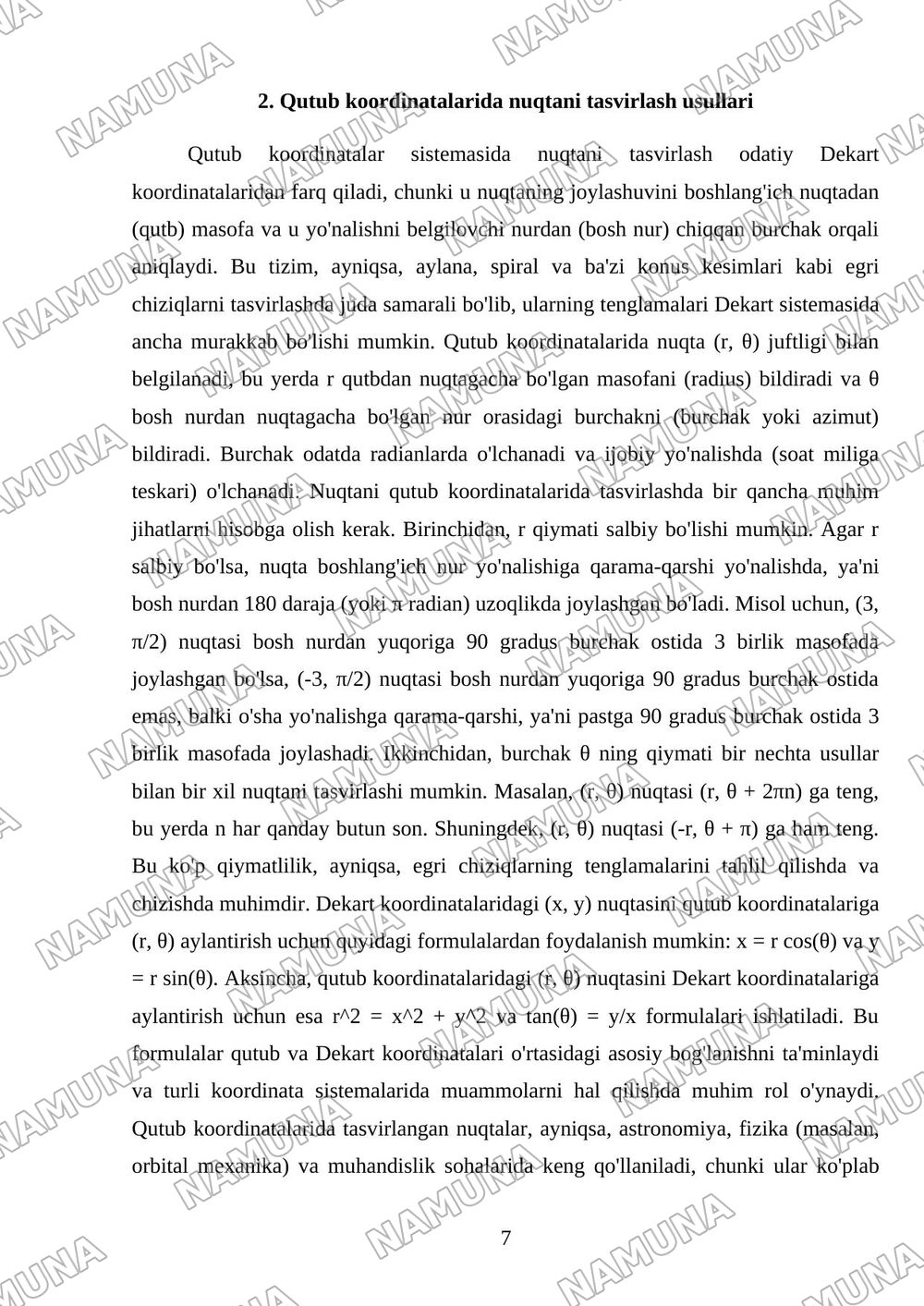 Qutub koordinatalari. Qutub egri chiziqlari. Qutub egri chiziqlarini chizish. Konus kesimlar (parabola, elips, giperbola). Kepler qonunlari. — mustaqil ish, 7-varaq