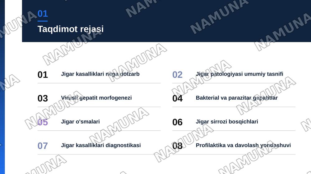 Jigar va o’t yo’llari patologiyasi. Jigar kasalliklari hagida umumiy ma’lumotiar.
Infeksion kasalliklar (virusli, bakterial, parazitar gepatitlar). Jigamni toksik va dori vositalari ta’sirida zararlanishi. Jigar o’smalari. Jigar sirrozlari, turlari morfologik xususiyatlari. — zamonaviy taqdimot, 2-slayd