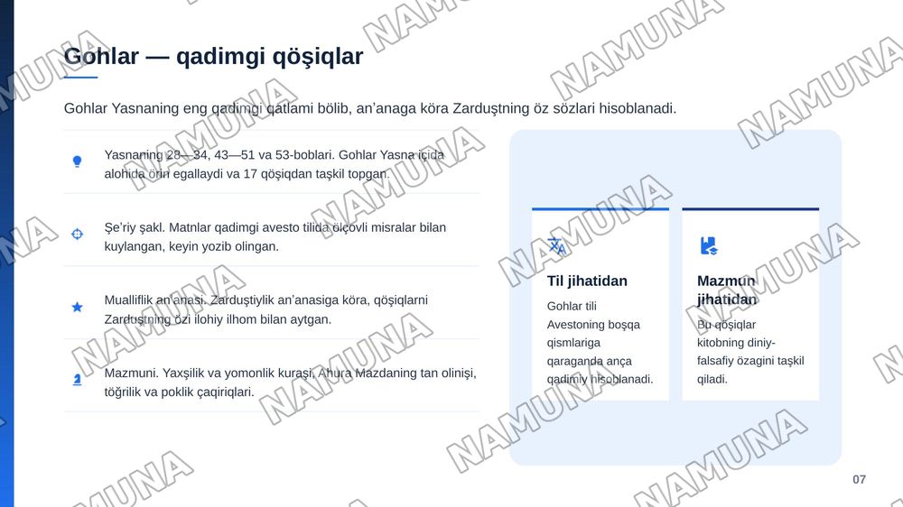 Avesto zardushtiylikning muqaddas kitobi. Avesto kitobining tarkibiy qismlari haqida — zamonaviy taqdimot, 8-slayd