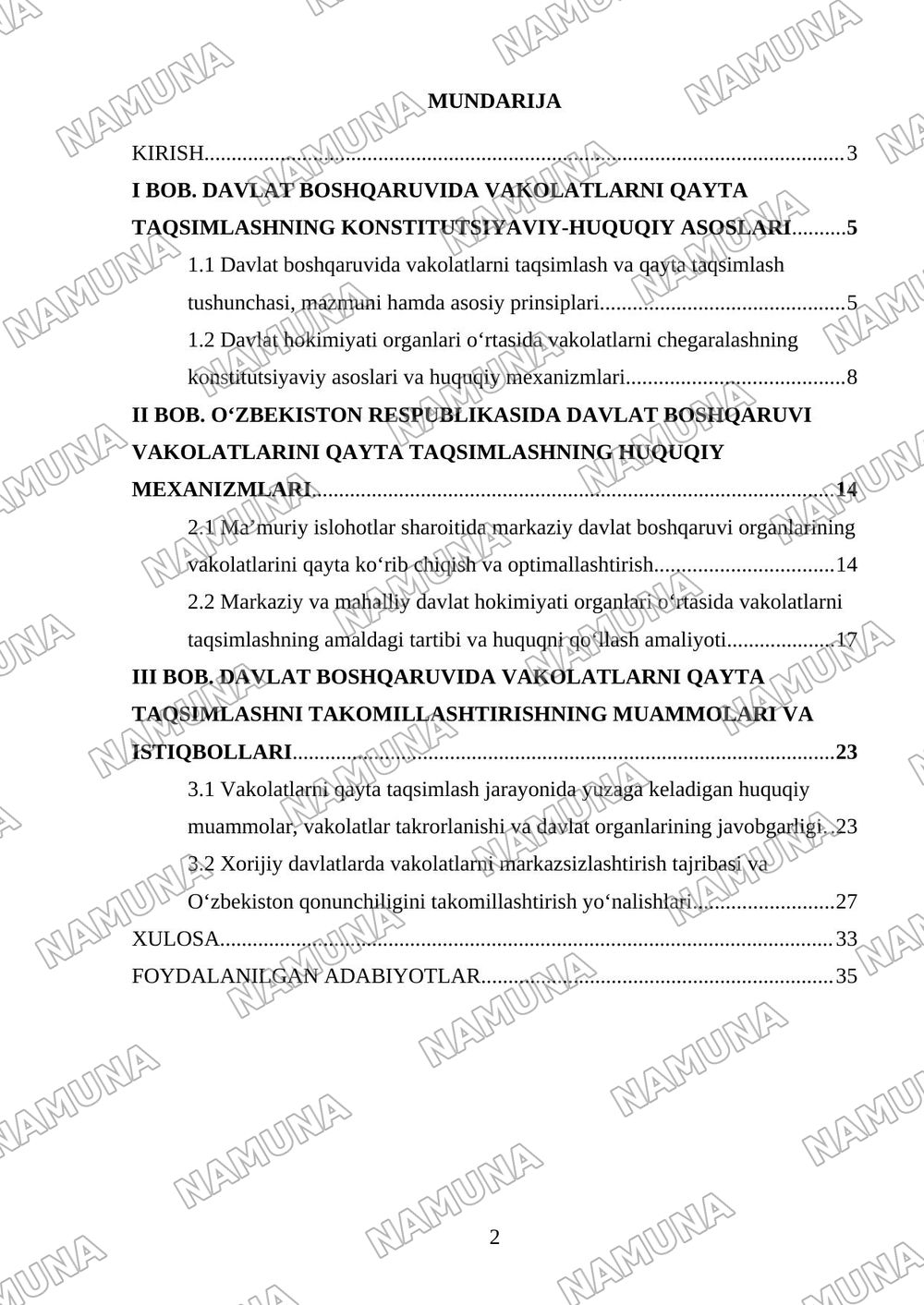 Davlat boshqaruvida vakolatlarni qayta taqsimlash jarayonlari — kurs ishi, 2-varaq