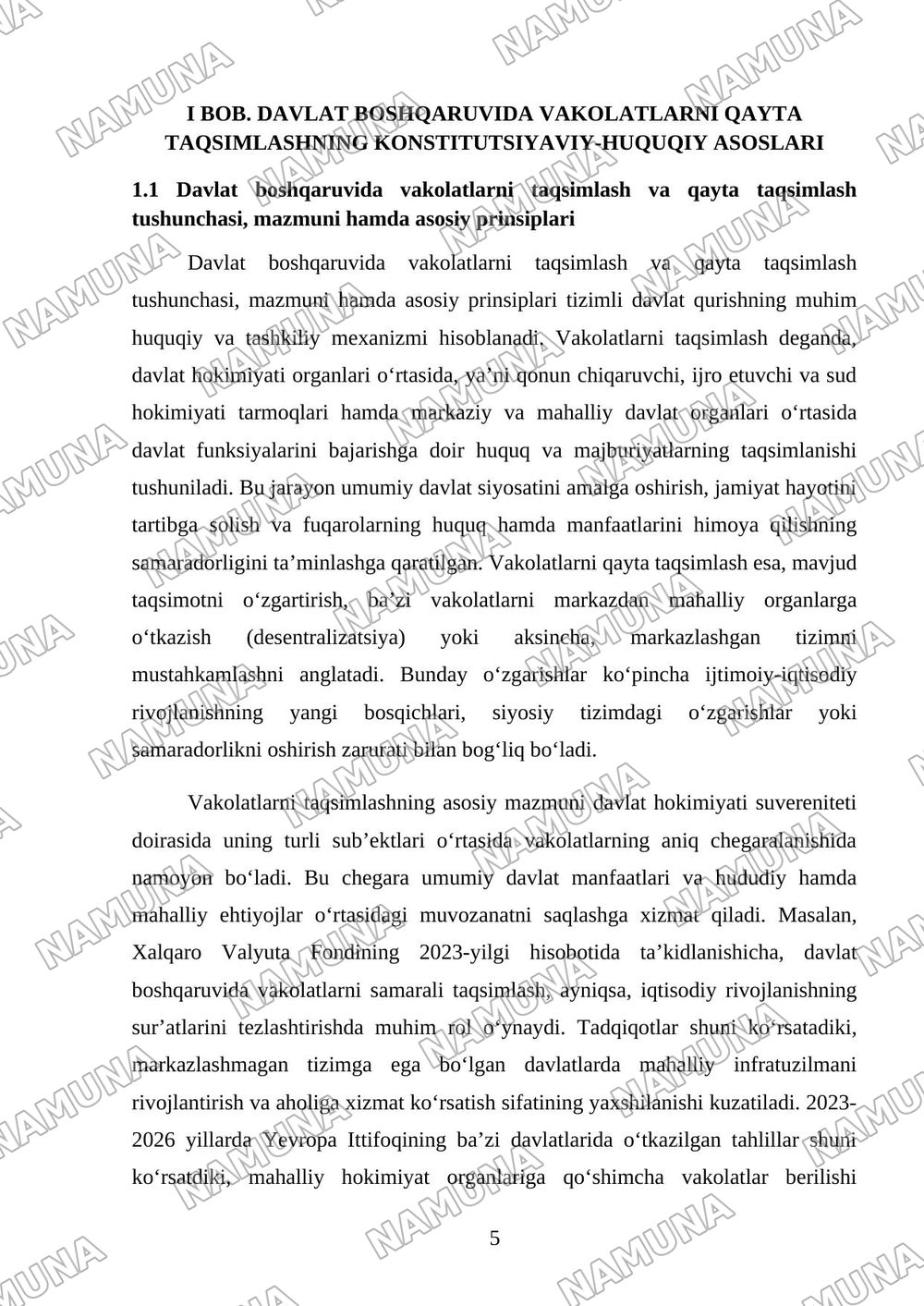 Davlat boshqaruvida vakolatlarni qayta taqsimlash jarayonlari — kurs ishi, 5-varaq