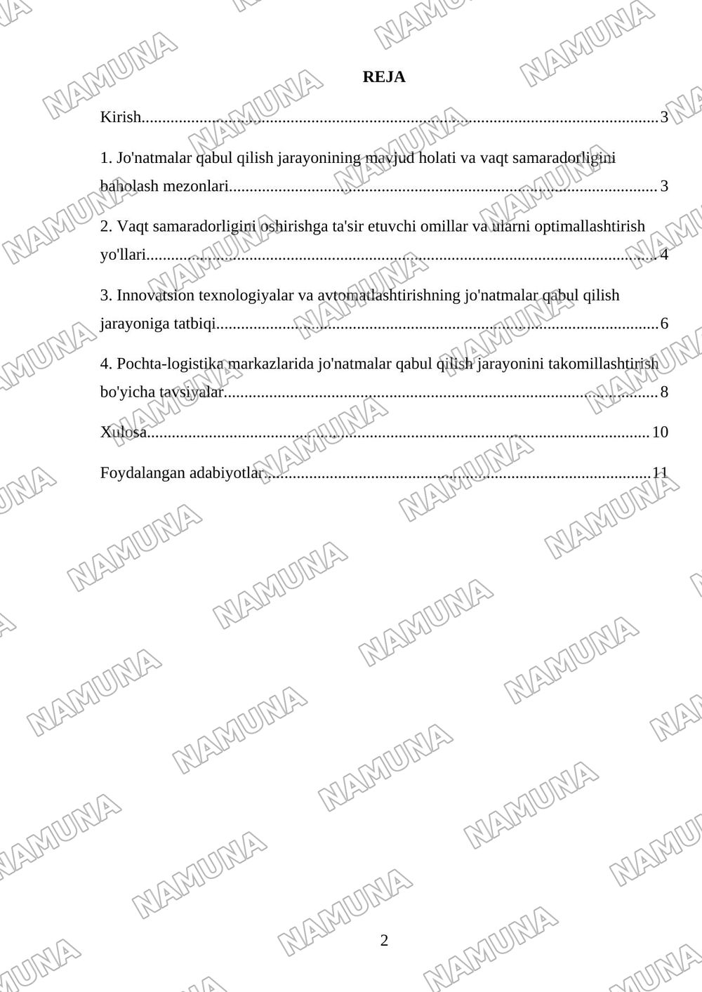 Pochta-logistika markazlarida jo‘natmalarni qabul qilish jarayonining vaqt samaradorligini oshirish — referat, 2-varaq