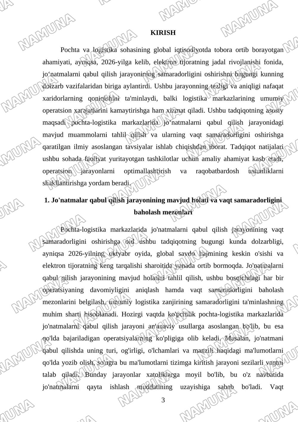 Pochta-logistika markazlarida jo‘natmalarni qabul qilish jarayonining vaqt samaradorligini oshirish — referat, 3-varaq