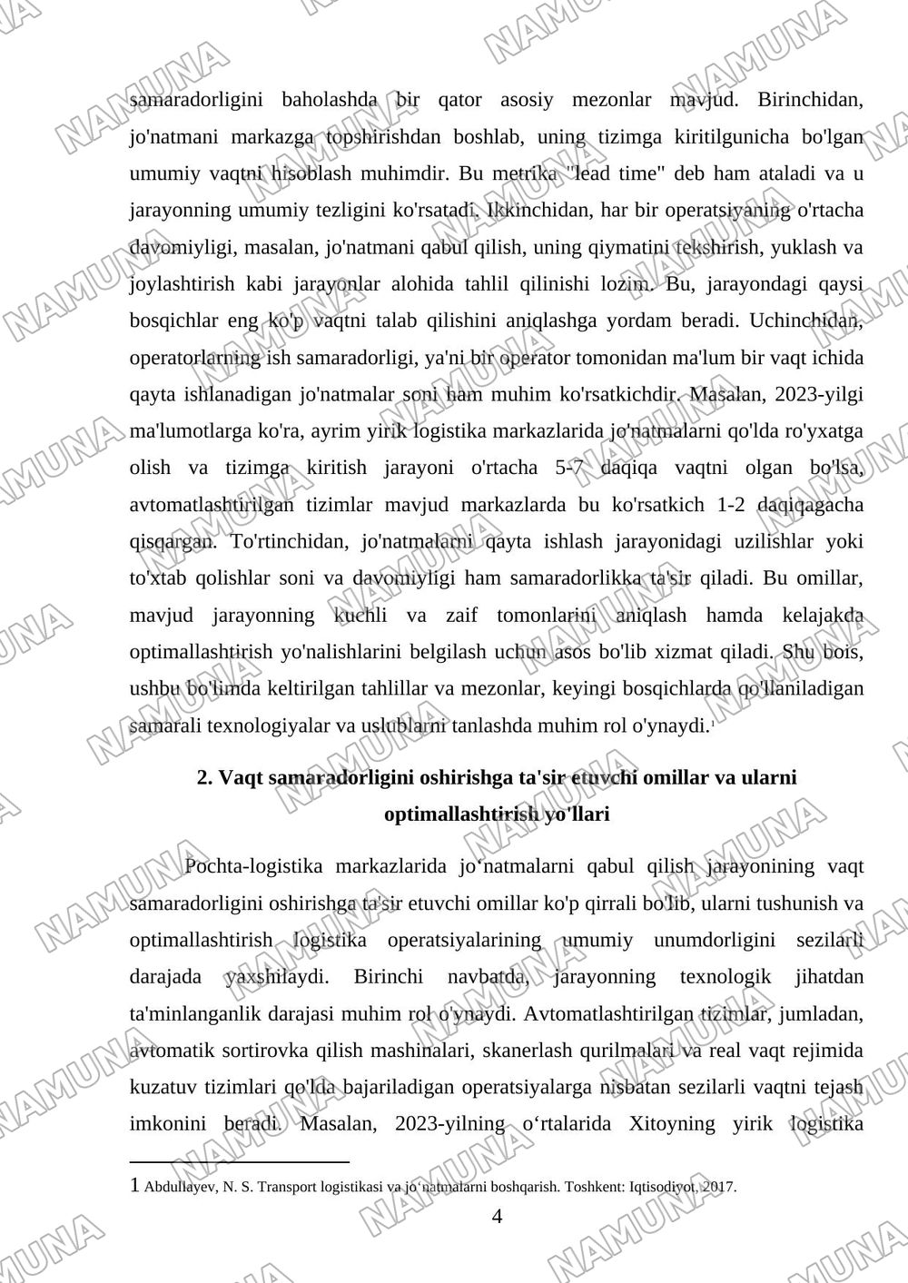Pochta-logistika markazlarida jo‘natmalarni qabul qilish jarayonining vaqt samaradorligini oshirish — referat, 4-varaq