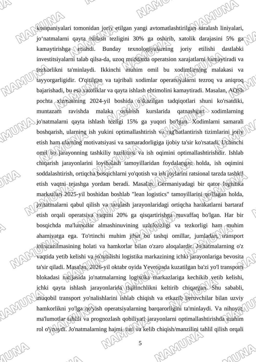 Pochta-logistika markazlarida jo‘natmalarni qabul qilish jarayonining vaqt samaradorligini oshirish — referat, 5-varaq