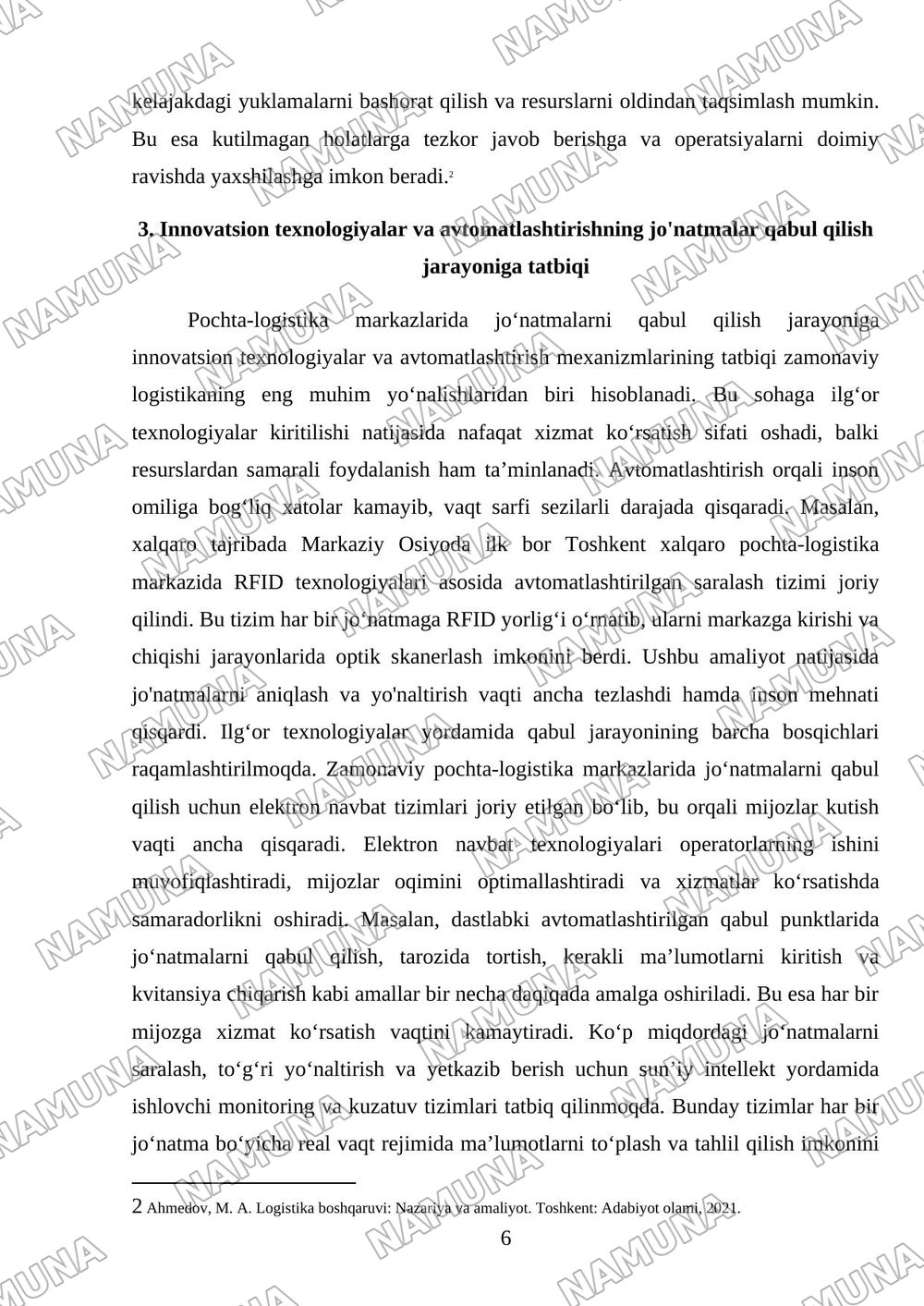 Pochta-logistika markazlarida jo‘natmalarni qabul qilish jarayonining vaqt samaradorligini oshirish — referat, 6-varaq