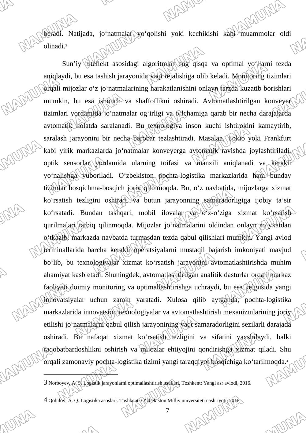 Pochta-logistika markazlarida jo‘natmalarni qabul qilish jarayonining vaqt samaradorligini oshirish — referat, 7-varaq