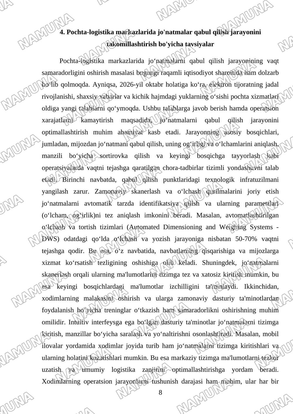 Pochta-logistika markazlarida jo‘natmalarni qabul qilish jarayonining vaqt samaradorligini oshirish — referat, 8-varaq