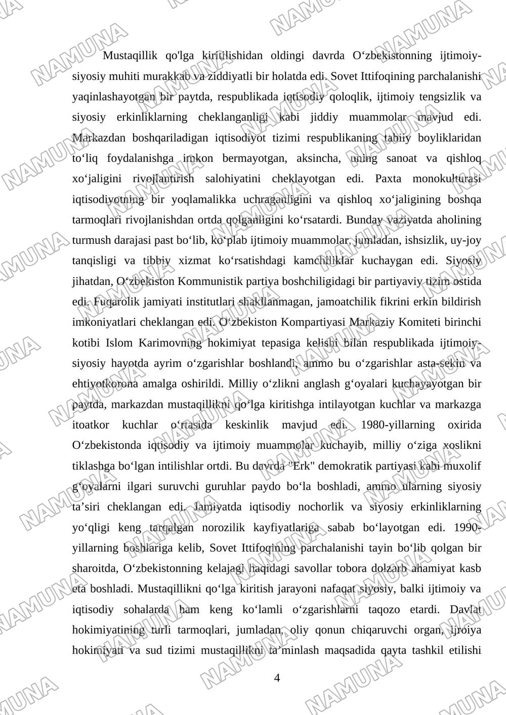 Mustaqillikka erishish arafasida Oʻzbekistonning ijtimoiy-siyosiy va iqtisodiy ahvoli — referat, 4-varaq