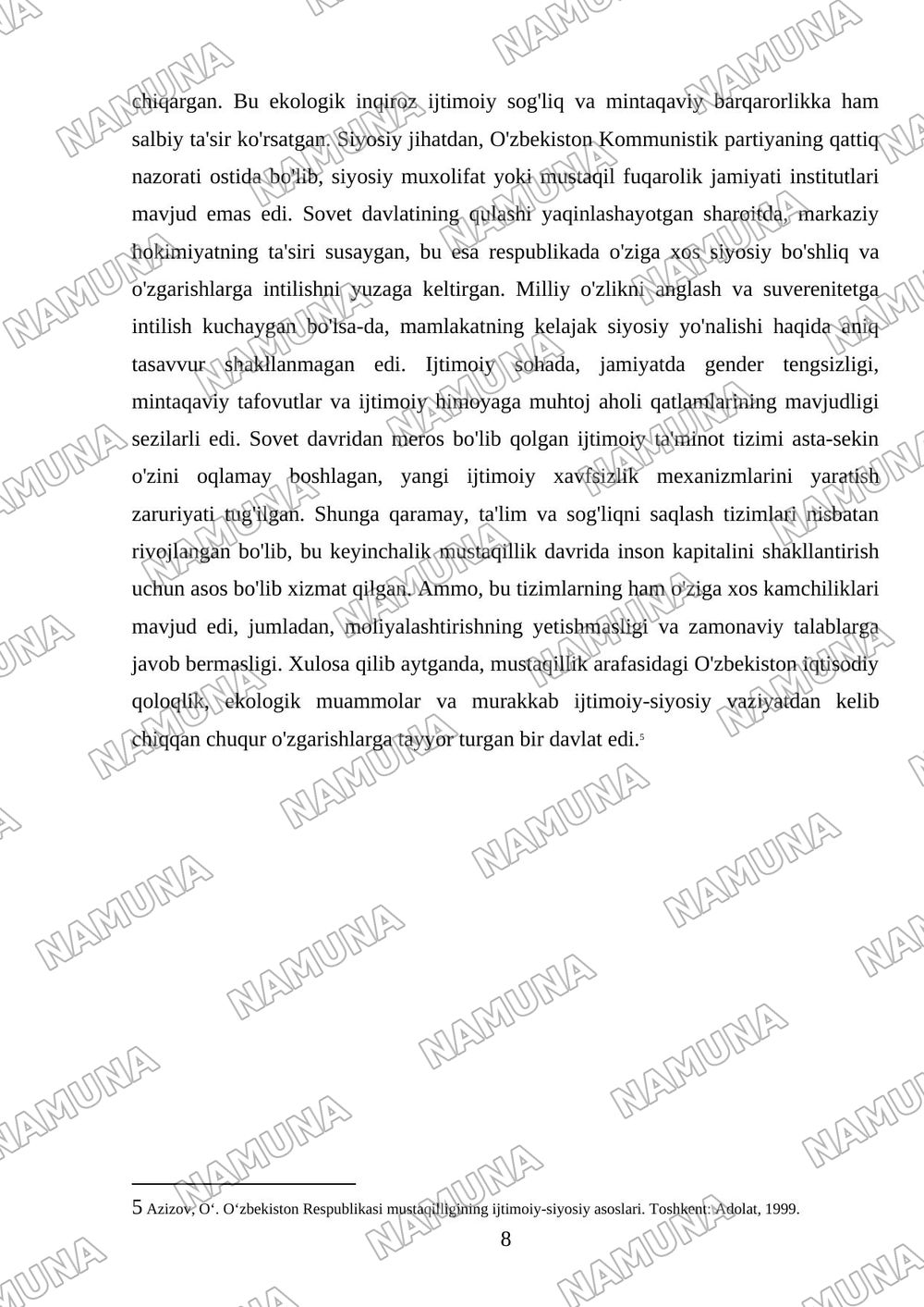 Mustaqillikka erishish arafasida Oʻzbekistonning ijtimoiy-siyosiy va iqtisodiy ahvoli — referat, 8-varaq