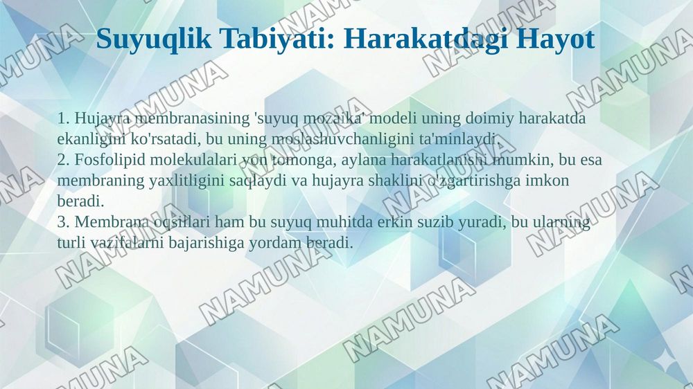 Membranalarning umumiy xususiyatlari: ko'ndalang assimetriya, suyuqlik holati va moddalarning membranadan o'tkazilishi — taqdimot, 5-slayd