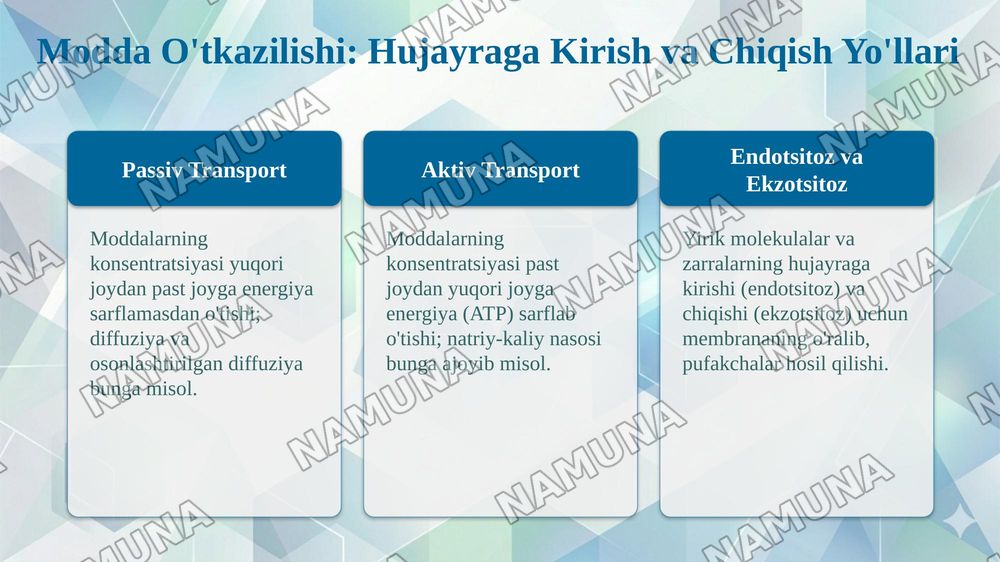 Membranalarning umumiy xususiyatlari: ko'ndalang assimetriya, suyuqlik holati va moddalarning membranadan o'tkazilishi — taqdimot, 6-slayd