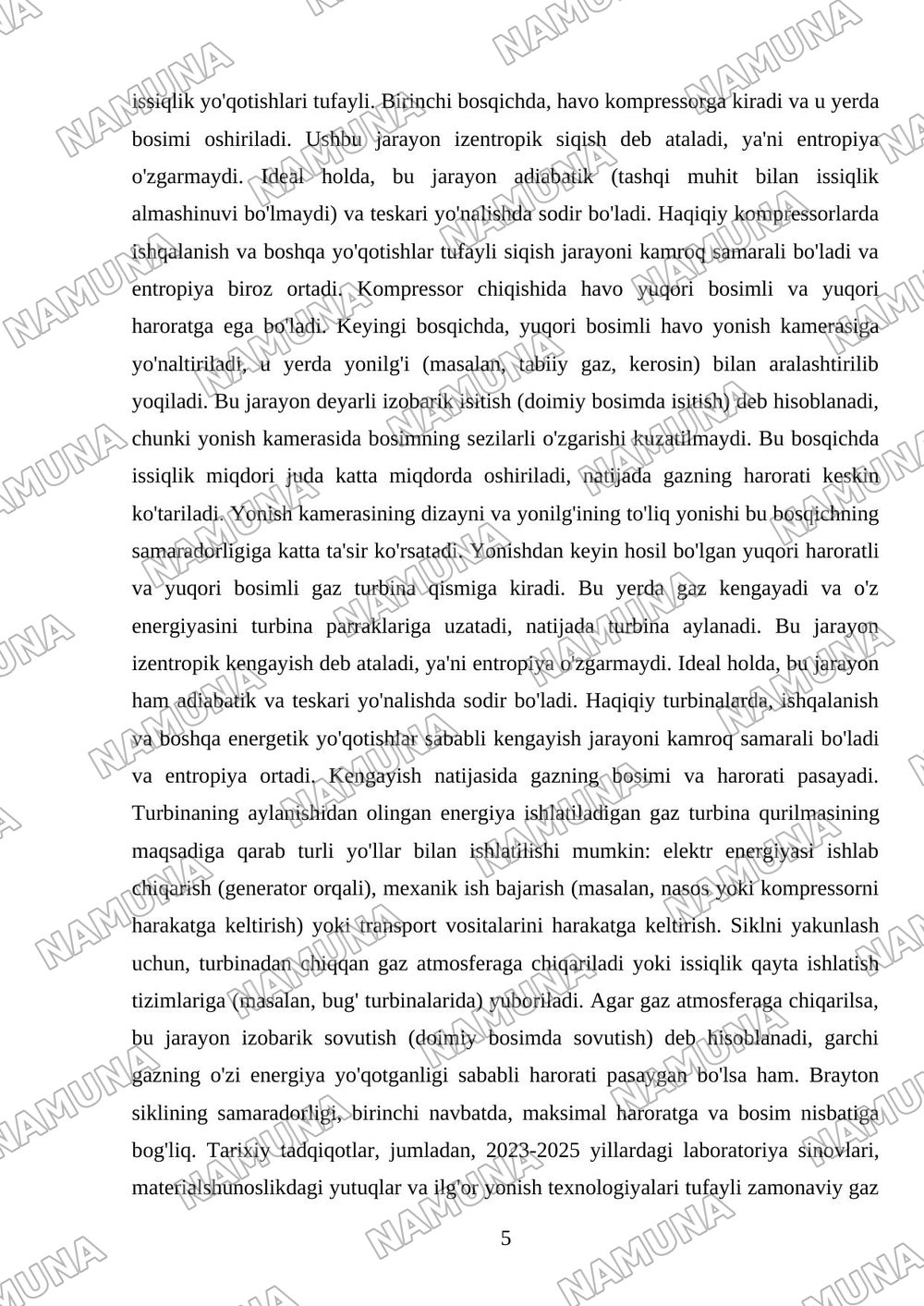 Gaz – turbina qurilmasining prinpial sxemasi va ish faoliyati — mustaqil ish, 5-varaq