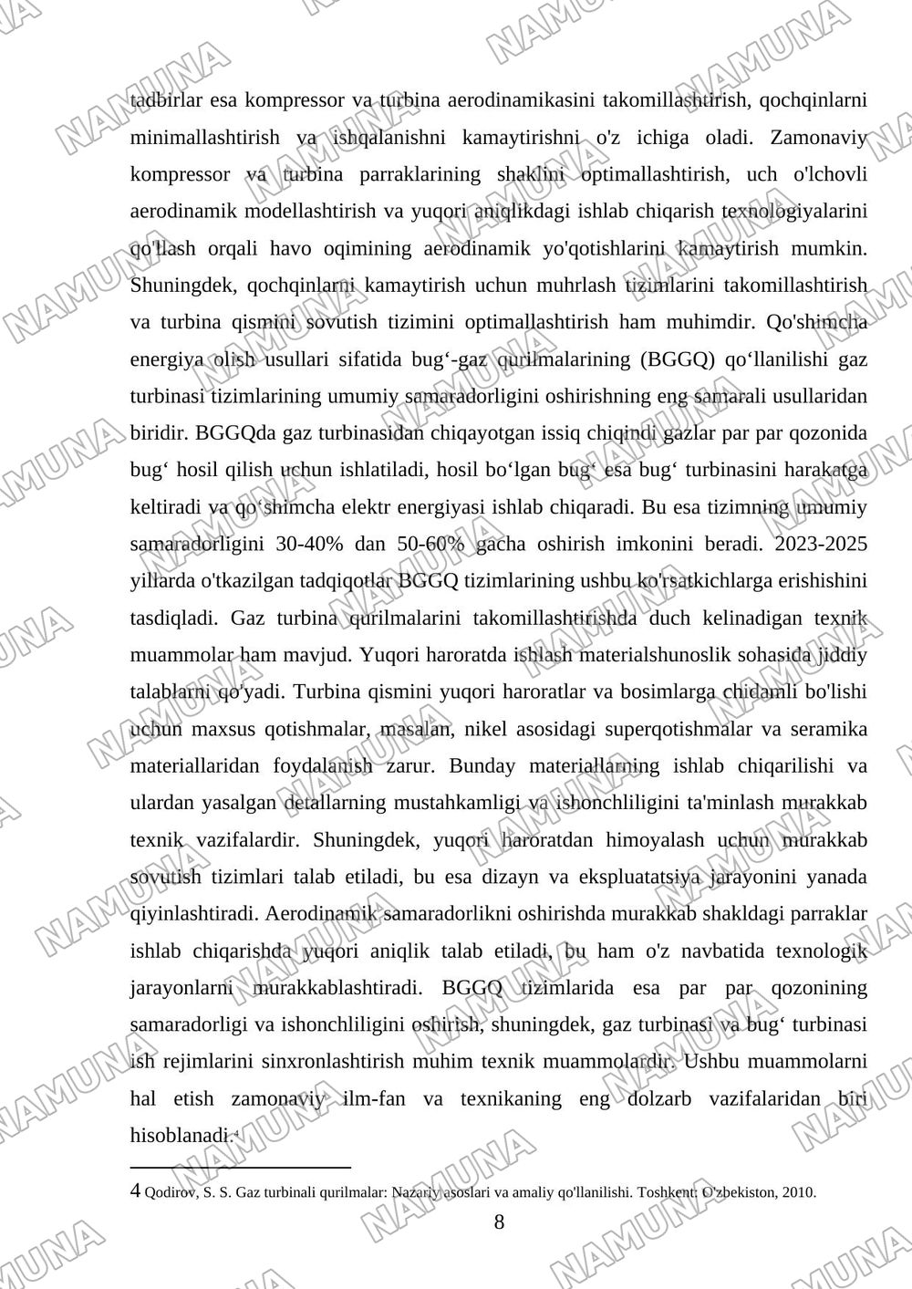 Gaz – turbina qurilmasining prinpial sxemasi va ish faoliyati — mustaqil ish, 8-varaq