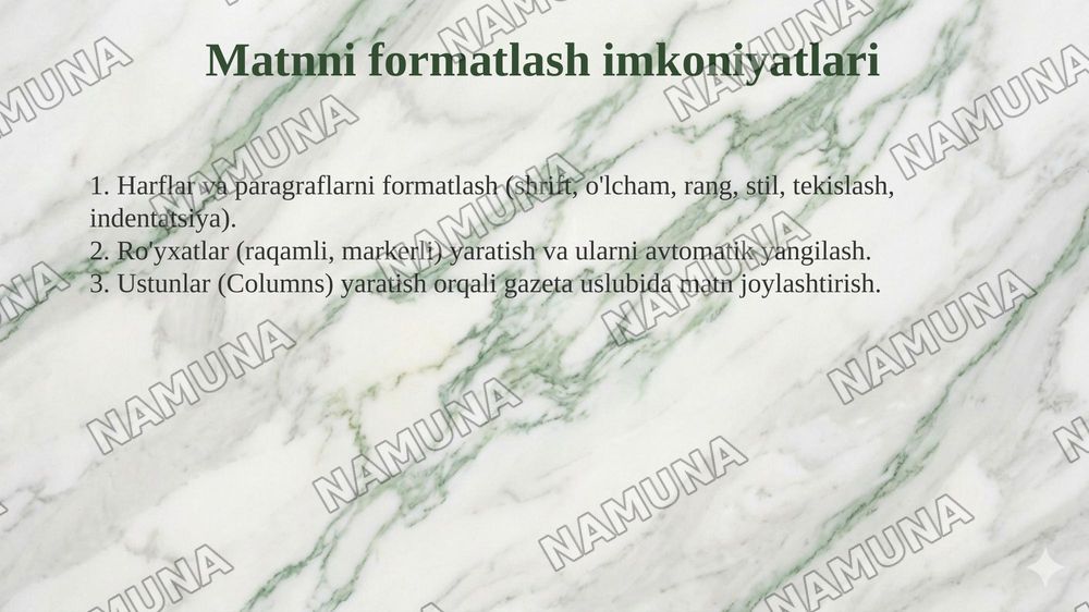 MS Word matn protsessori imkoniyatlari mavzusida taqdimot tayyorlash — taqdimot, 7-slayd