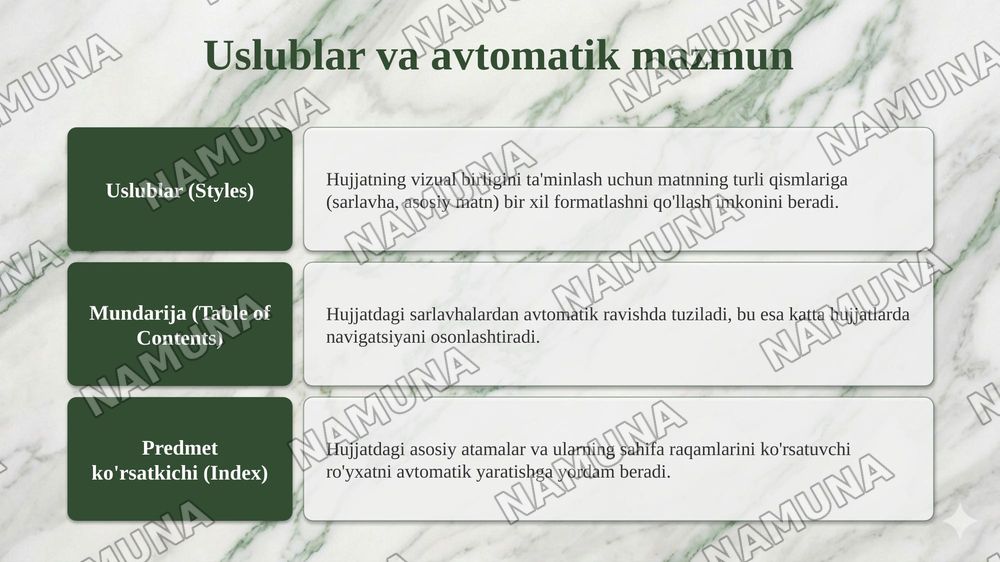 MS Word matn protsessori imkoniyatlari mavzusida taqdimot tayyorlash — taqdimot, 8-slayd