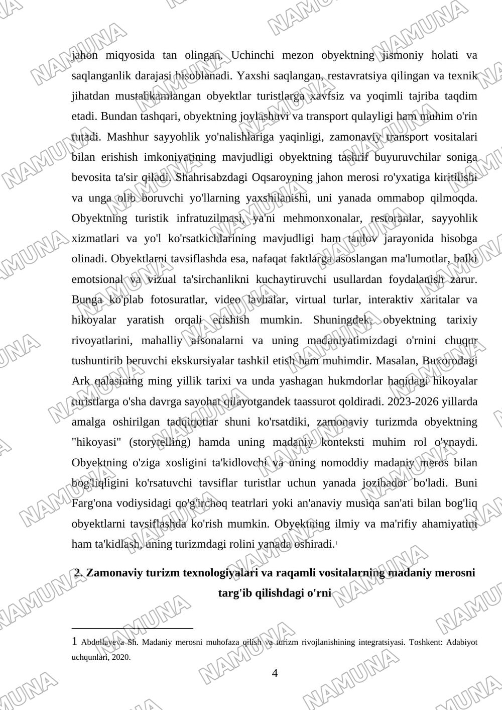 Madaniy meros obyektlaridan turizm maqsadida foydalanishning zamonaviy yondashuvlari — mustaqil ish, 4-varaq