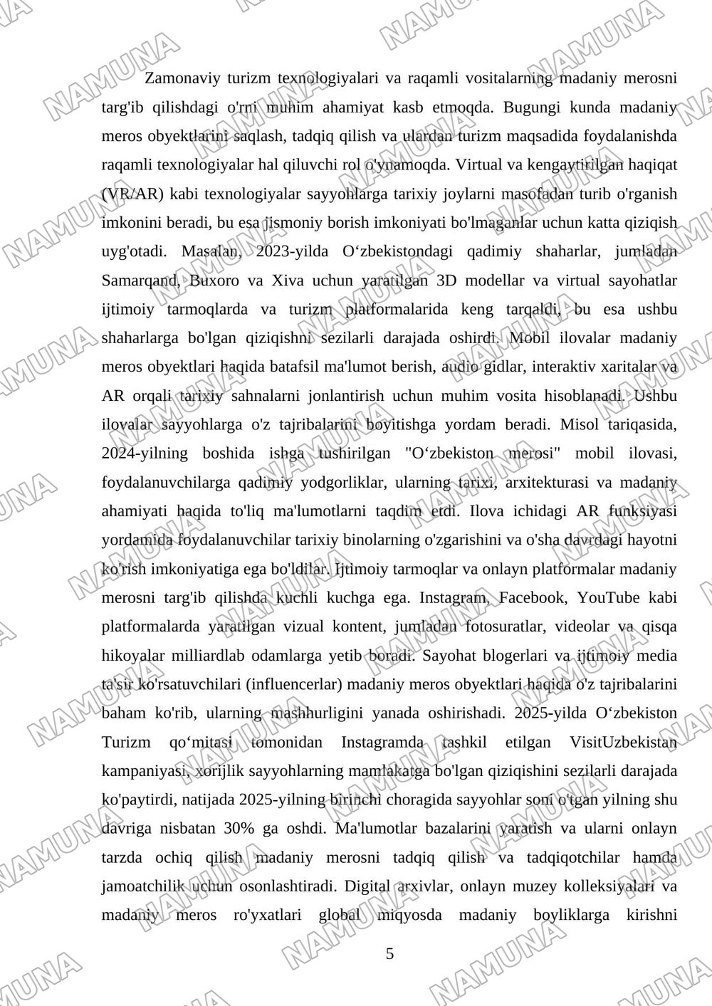 Madaniy meros obyektlaridan turizm maqsadida foydalanishning zamonaviy yondashuvlari — mustaqil ish, 5-varaq
