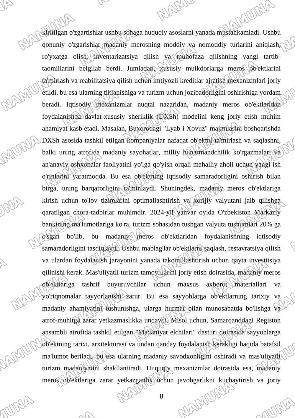 Madaniy meros obyektlaridan turizm maqsadida foydalanishning zamonaviy yondashuvlari — mustaqil ish, 8-varaq