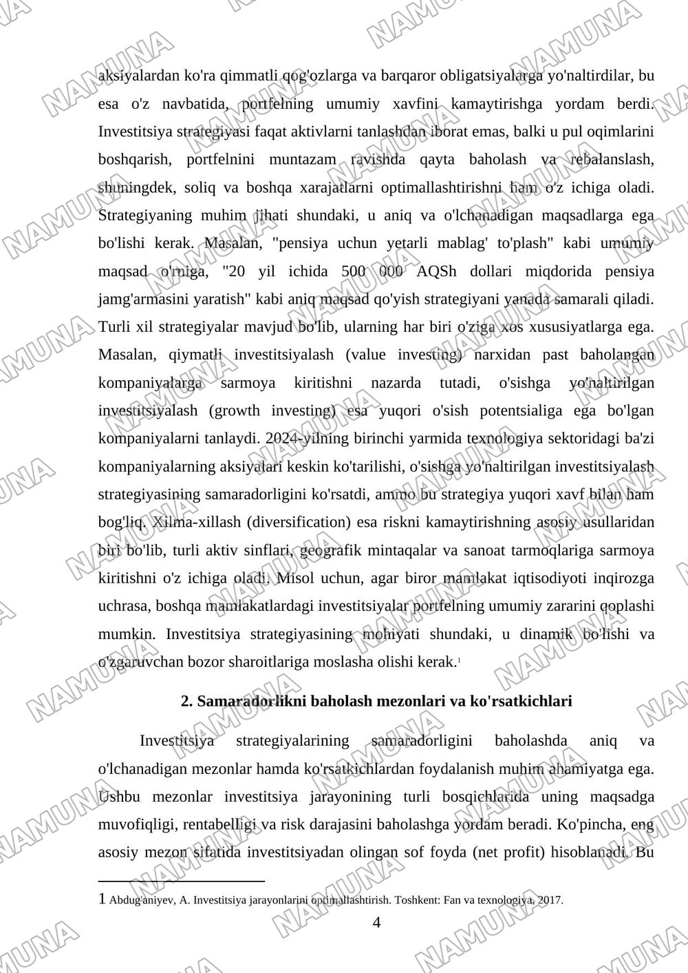 Investitsiya strategiyalari samaradorligini baholash — mustaqil ish, 4-varaq
