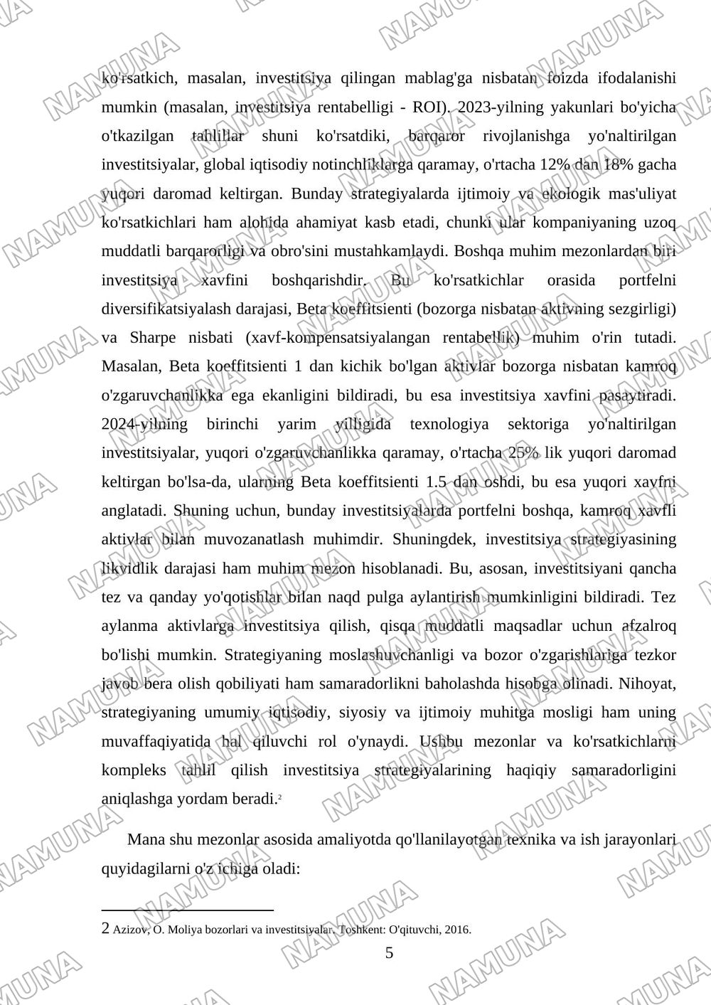 Investitsiya strategiyalari samaradorligini baholash — mustaqil ish, 5-varaq