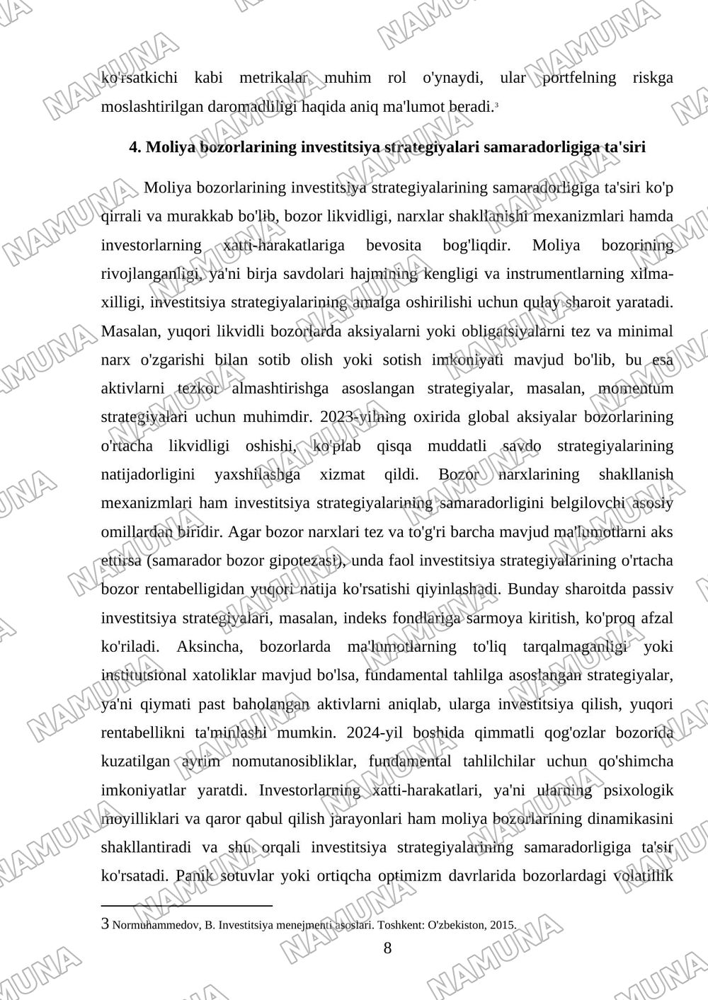 Investitsiya strategiyalari samaradorligini baholash — mustaqil ish, 8-varaq