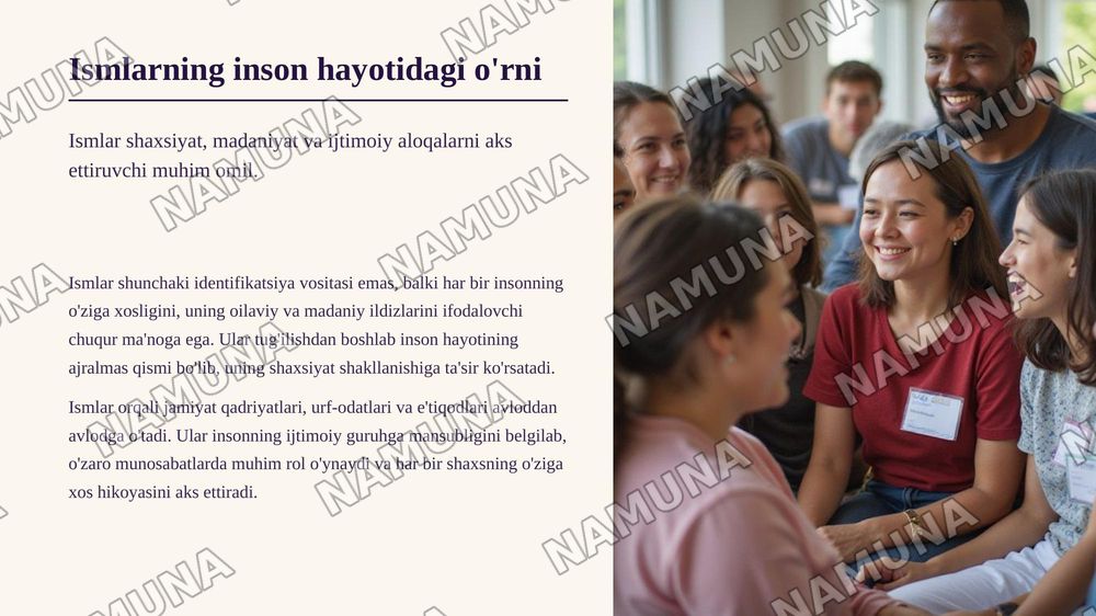 Ismlar mavzusida 15 ta slayddan iborat taqdimot qilib ber, unda ismlar tarixi, ularni qo'yilish tartiblari, ularning tasnifi, turkiy xalqlardagi va chet eldagi mashhur ismlar haqida ma'lumotlar bo'lsin — zamonaviy taqdimot, 3-slayd