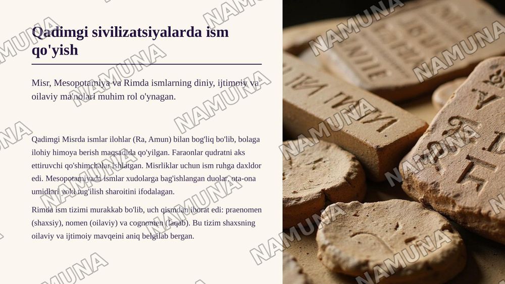 Ismlar mavzusida 15 ta slayddan iborat taqdimot qilib ber, unda ismlar tarixi, ularni qo'yilish tartiblari, ularning tasnifi, turkiy xalqlardagi va chet eldagi mashhur ismlar haqida ma'lumotlar bo'lsin — zamonaviy taqdimot, 5-slayd