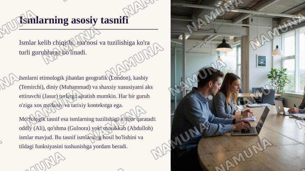 Ismlar mavzusida 15 ta slayddan iborat taqdimot qilib ber, unda ismlar tarixi, ularni qo'yilish tartiblari, ularning tasnifi, turkiy xalqlardagi va chet eldagi mashhur ismlar haqida ma'lumotlar bo'lsin — zamonaviy taqdimot, 6-slayd
