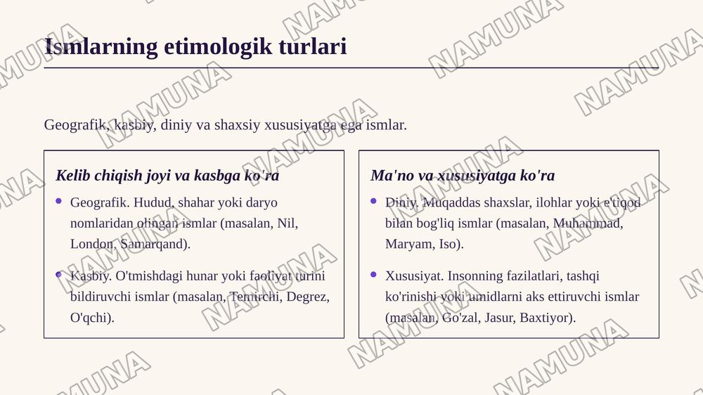 Ismlar mavzusida 15 ta slayddan iborat taqdimot qilib ber, unda ismlar tarixi, ularni qo'yilish tartiblari, ularning tasnifi, turkiy xalqlardagi va chet eldagi mashhur ismlar haqida ma'lumotlar bo'lsin — zamonaviy taqdimot, 7-slayd