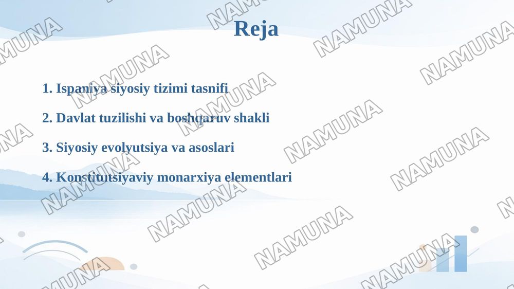 Joʻrayev, N. A. (2021). Zamonaviy siyosiy rejimlar va siyosiy tizimlar. Toshkent: “Oʻzbekiston” nashriyoti.
2.Xalilov, A., & Rajabov, Q. (2018). Jahondagi konstitutsiyaviy monarxiya davlatlari. Toshkent: “Sharq”.
3. Heywood, P. (2016). The Government and Politics of Spain (Ispaniya hukumati va siyos — taqdimot, 2-slayd