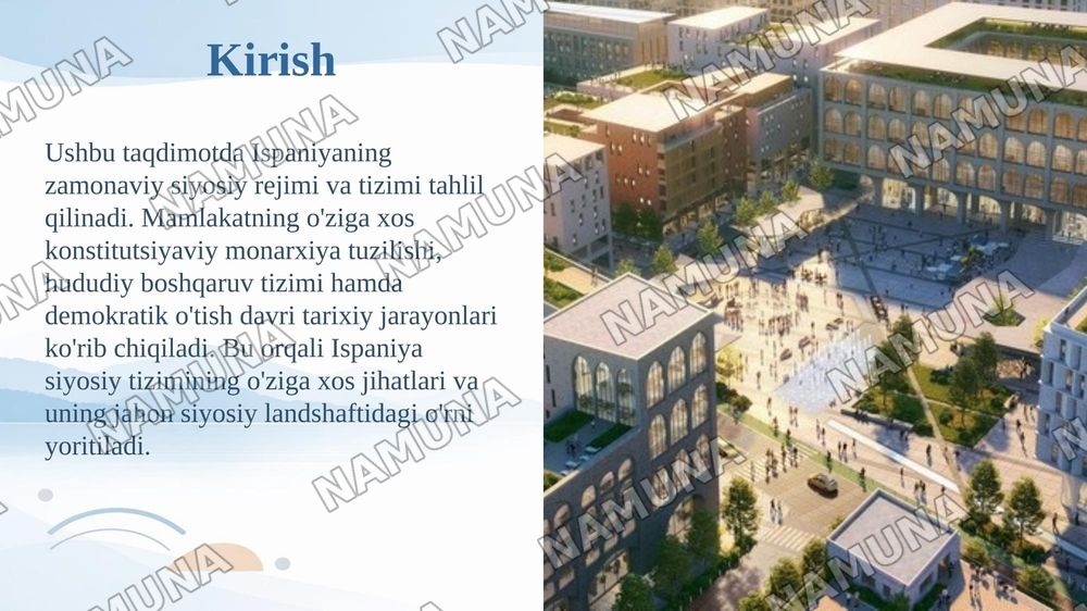 Joʻrayev, N. A. (2021). Zamonaviy siyosiy rejimlar va siyosiy tizimlar. Toshkent: “Oʻzbekiston” nashriyoti.
2.Xalilov, A., & Rajabov, Q. (2018). Jahondagi konstitutsiyaviy monarxiya davlatlari. Toshkent: “Sharq”.
3. Heywood, P. (2016). The Government and Politics of Spain (Ispaniya hukumati va siyos — taqdimot, 3-slayd