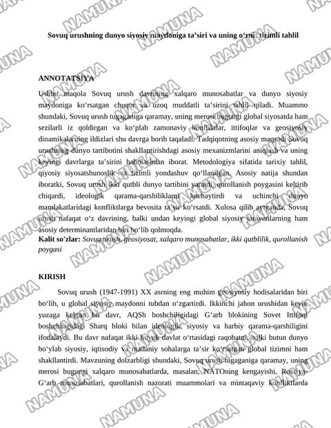 Sovuq urushning dunyo siyosiy maydoniga taʼsiri va oʻrni — maqola
