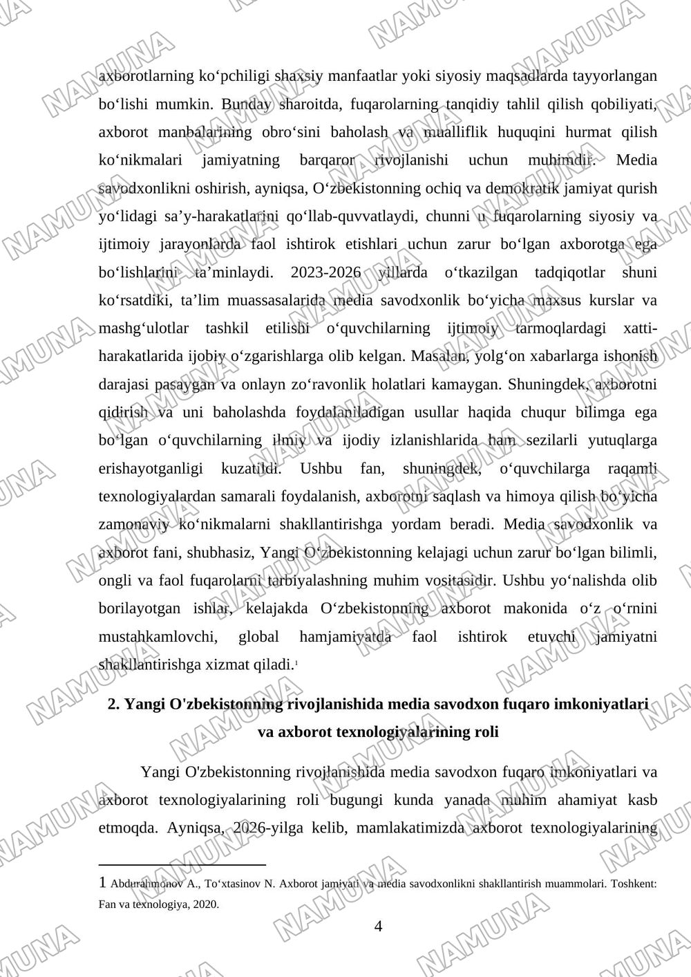 Yangi Oʻzbekistonda media savodxonlik va axborot fanining oʻqitilish ahamiyati — mustaqil ish, 4-varaq