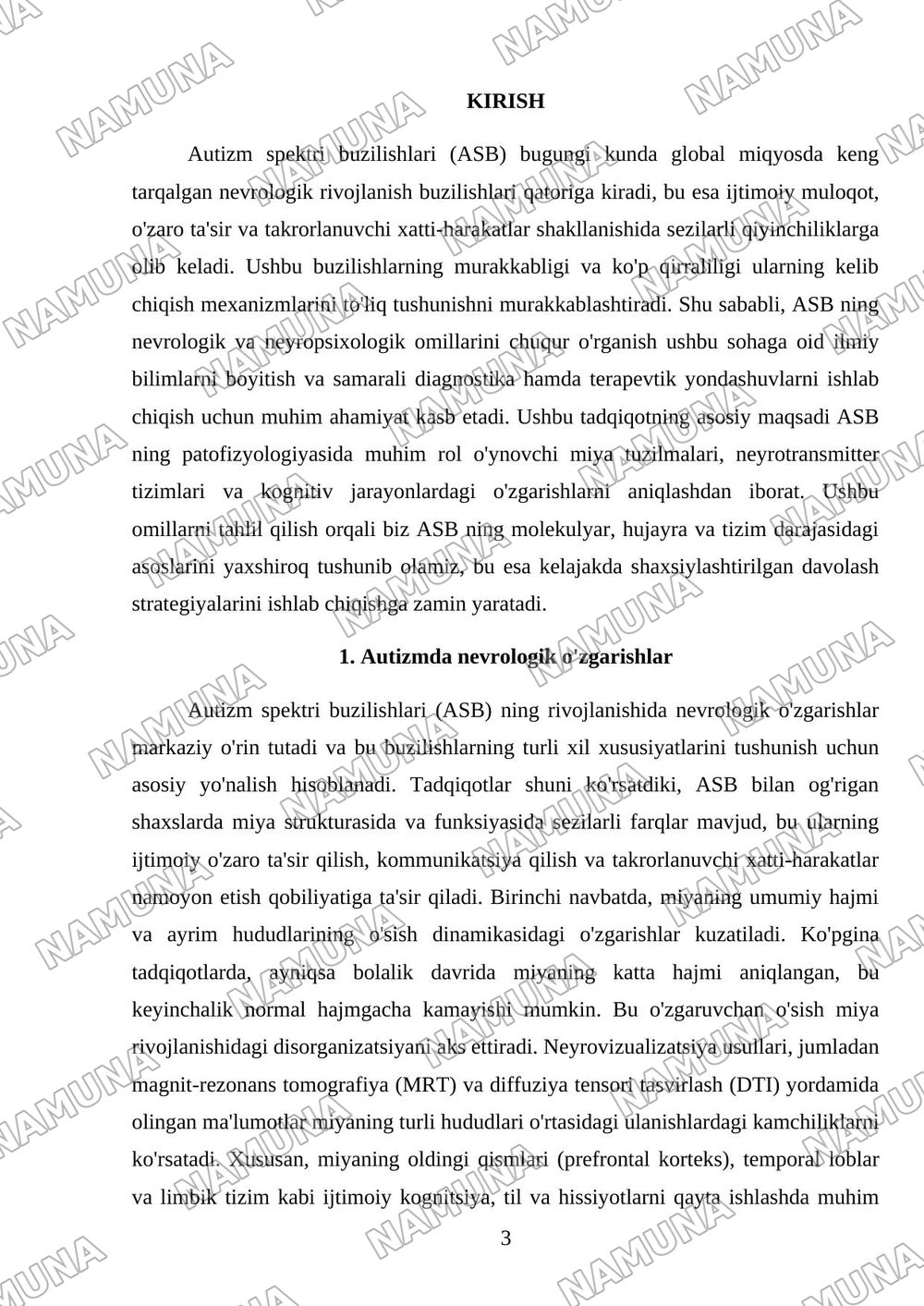 Autizm spektri buzilishlarida nevrologik va neyropsixologik omillarning oʻrni — mustaqil ish, 3-varaq